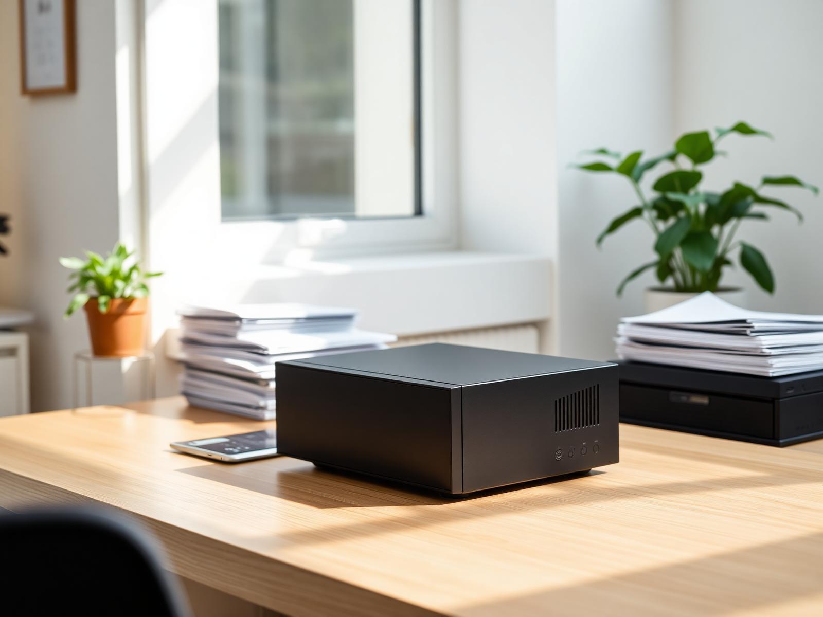 A small Sentry Base appliance on a light oak desk in a Scandinavian office